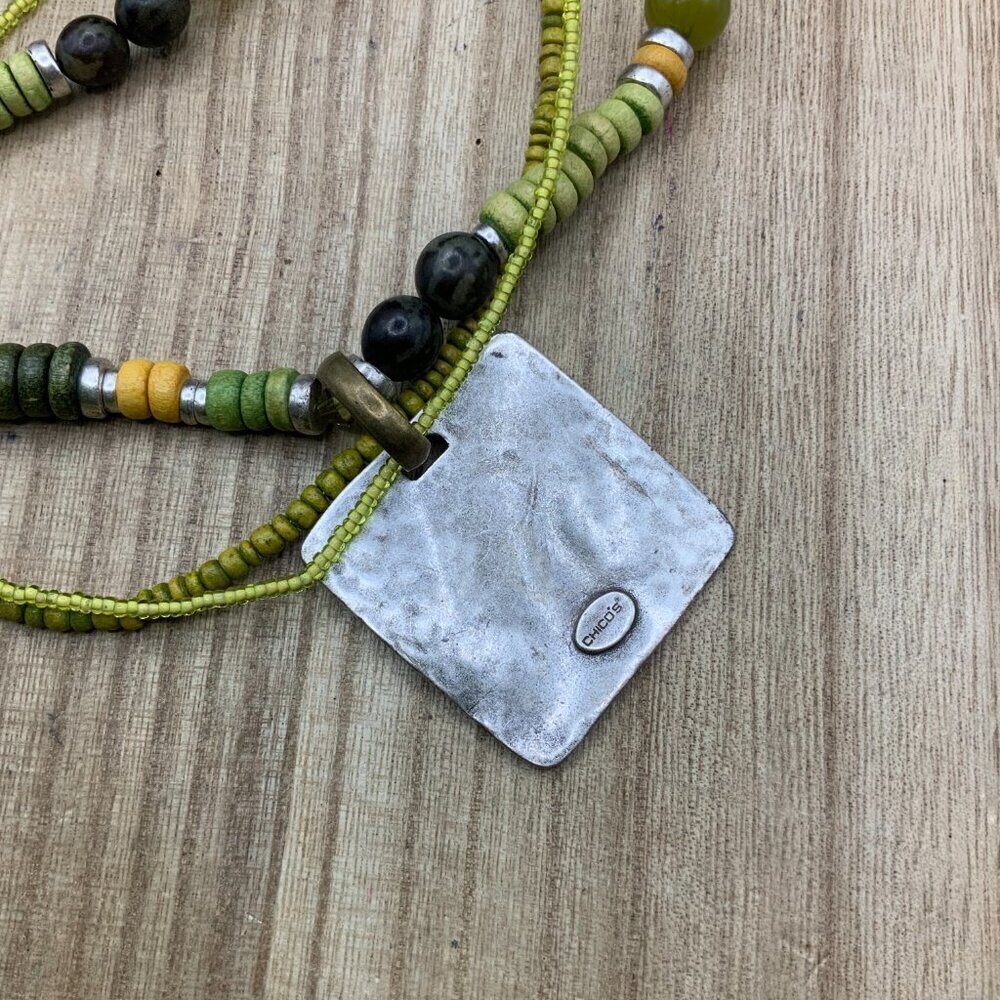 Chico's Green Tone Wooden BOHO Glass Beads Silver Tone Pendant Necklace - Picture 6 of 9